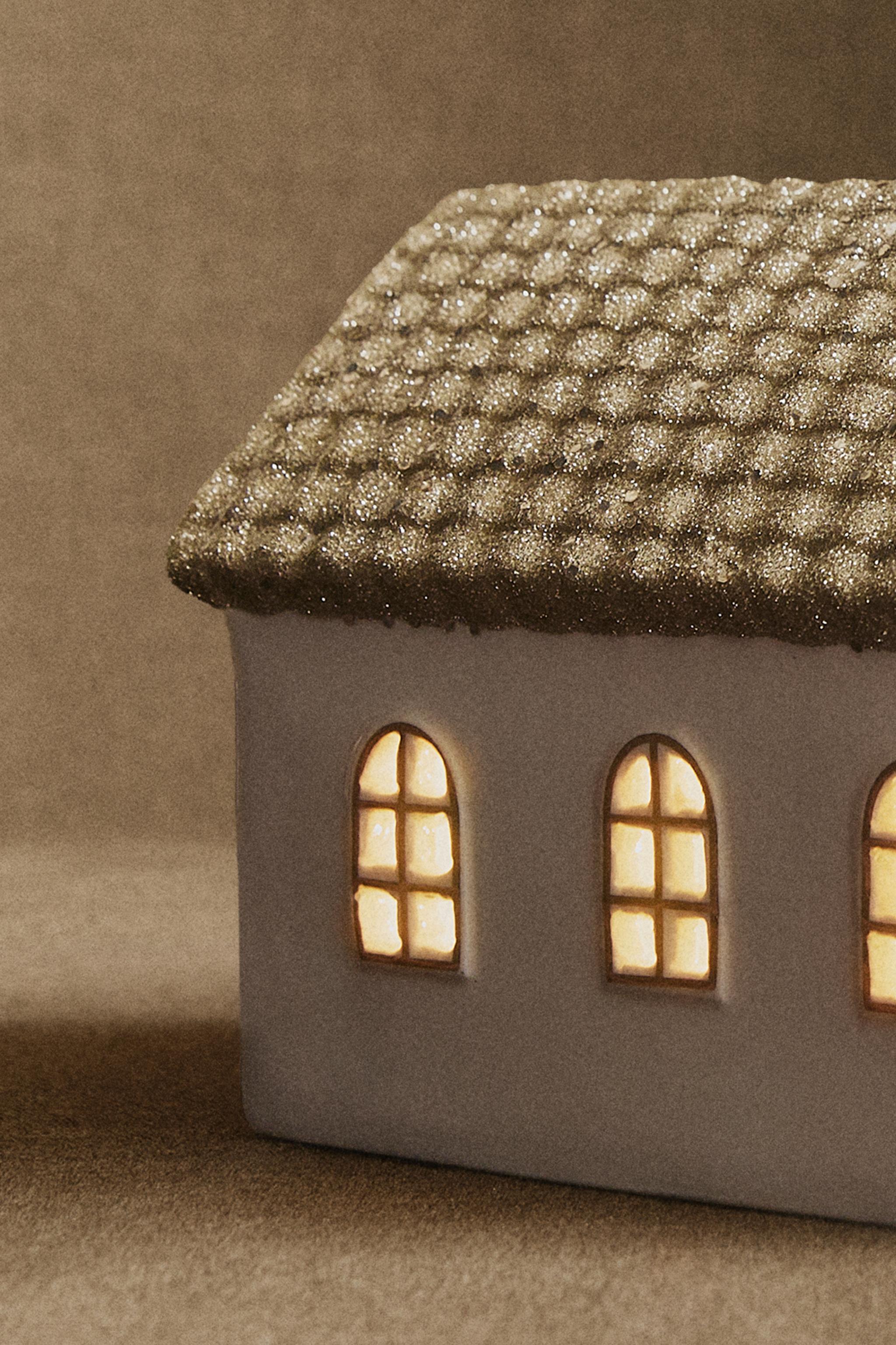 ELONGATED GLITTERY HOUSE CHRISTMAS CERAMIC ORNAMENT